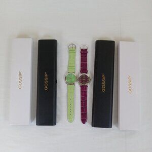 2 Gossip Women's Quartz Wristwatch Green Purple Embossed Leather NEW BATTERIES